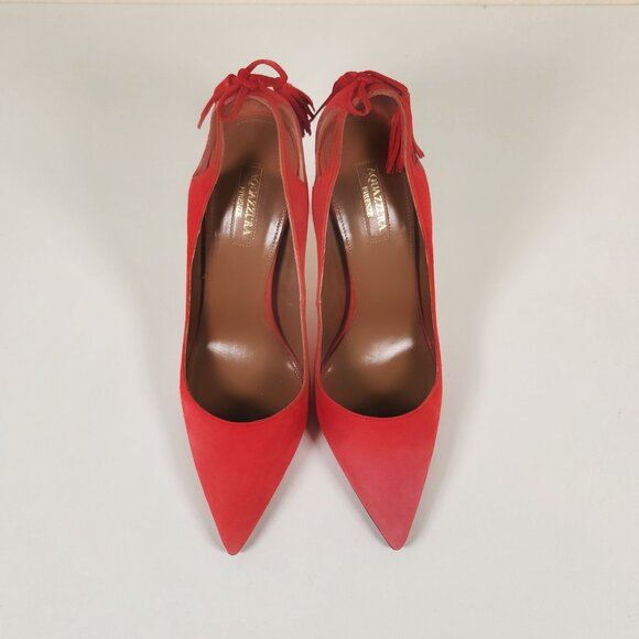 Aquazzura Red Suede Tassel Accents Pointed-Toe Stiletto Pumps - Picture 3 of 5